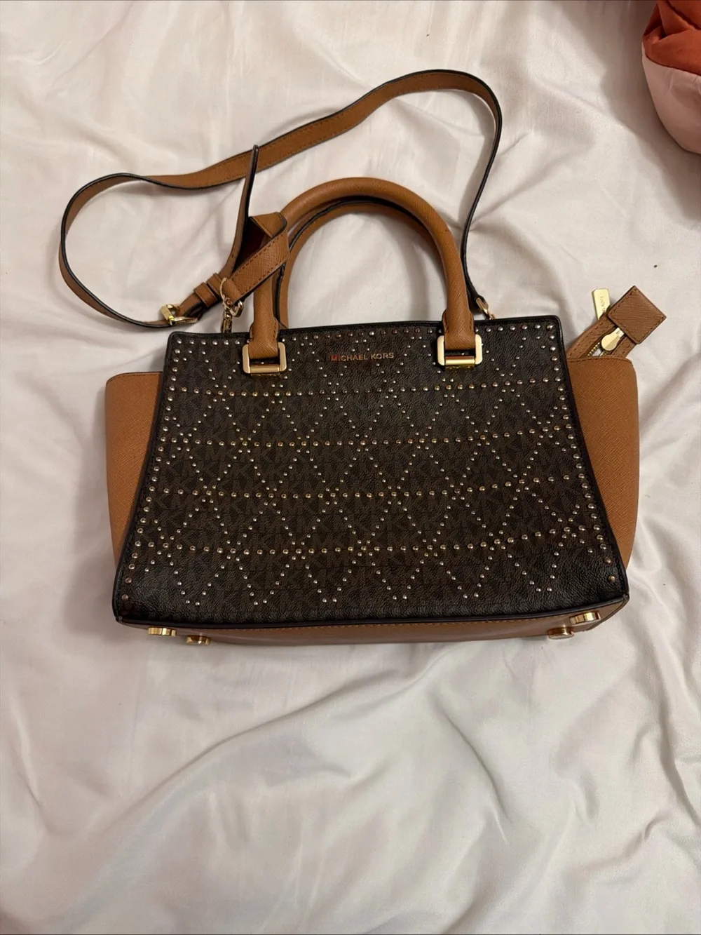 Michael Kors Black Front with Brown Trim Studded Satchel